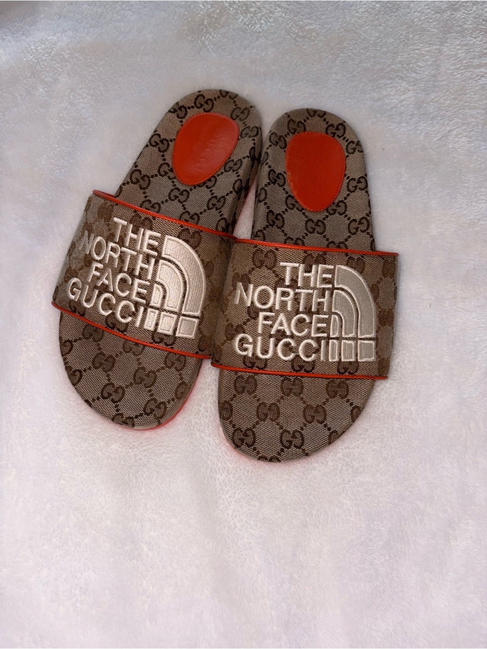The North Faced Gucci Monogram Slide Sandals - Brown with Orange